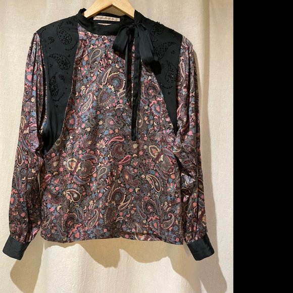 Evening 80s 💯silk blouse from Mercedes & Adrienne paisley beaded tie collar - Picture 1 of 14